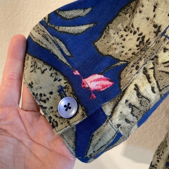 Chico's Women’s Jacket Large Blue 100% Linen Colorful Tropical Floral Coastal - Picture 4 of 13